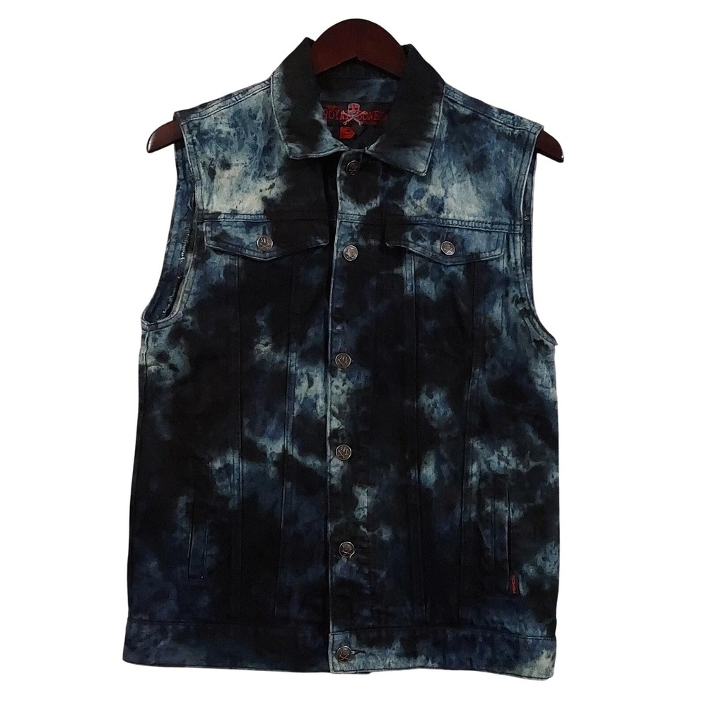Royal Bones Vest Mens Small Blue Black Denim Acid Wash Button Rock Punk Biker